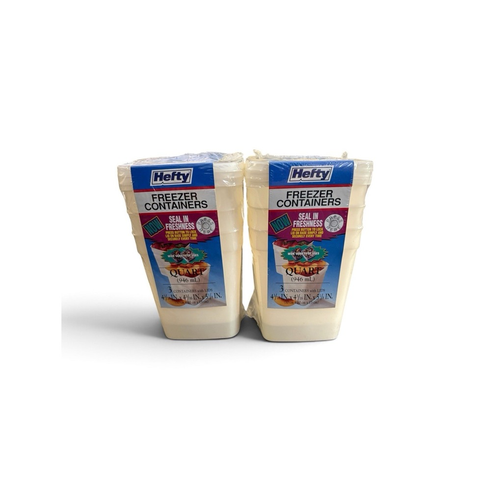 2 Pk 1995 NOS New Sealed Hefty Quart Freezer Containers 3 Pack W/ Lids Mobil USA